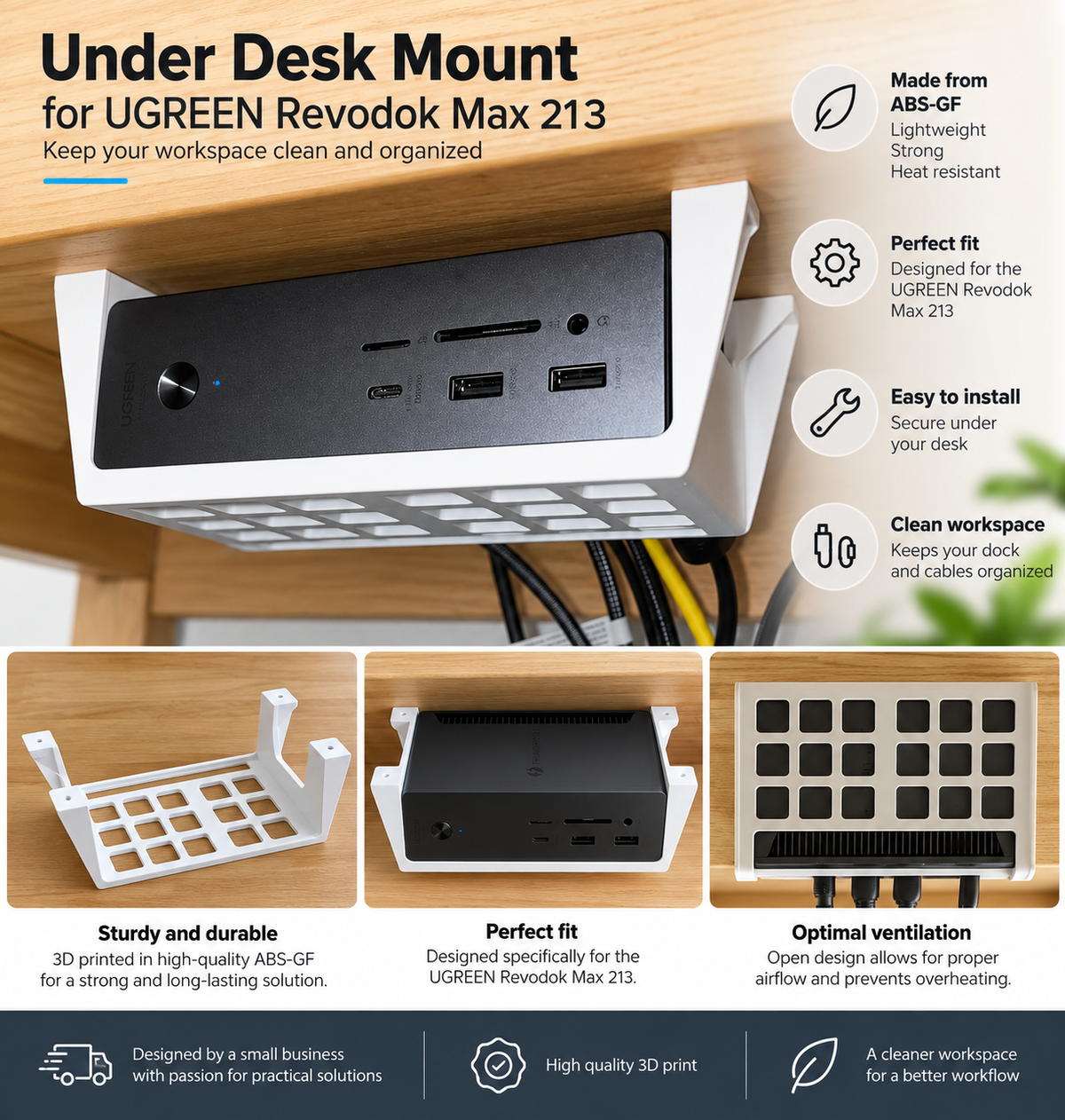 UGREEN Revodok Max 213 Under Desk Mount | Docking Station Holder | 3D Printed ABS-GF Desk Mount